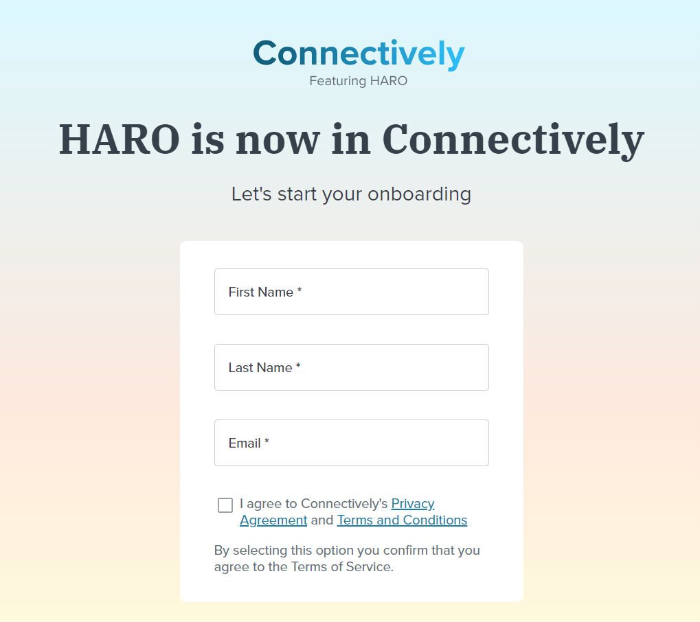 Pagina di registrazione HARO